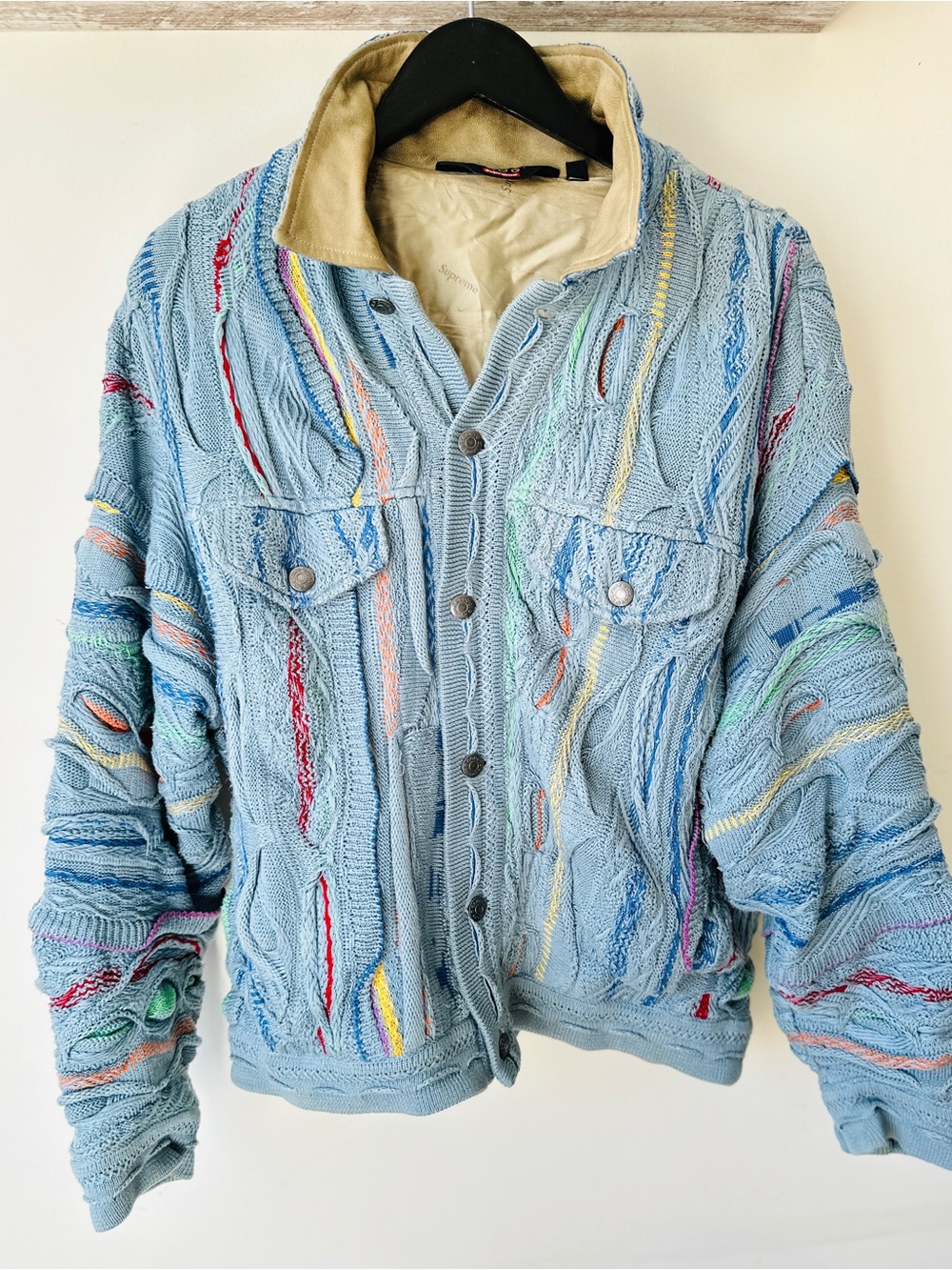 Supreme Coogi Light Blue Multicolor Cable Knit Jacket with Tan Collar